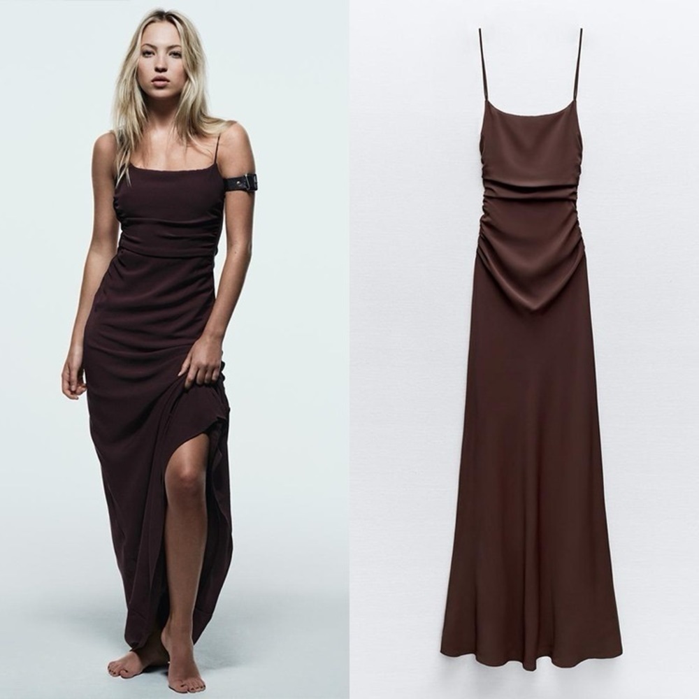 NWT Zara brown open-back maxi dress with back ruching size large